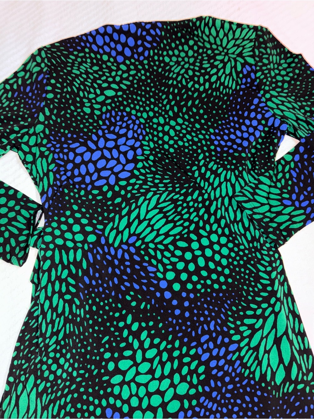 Anne Klein Vivid Blue, Green, & Black Printed Faux Wrap Long Sleeve Mini Dress - Picture 7 of 7